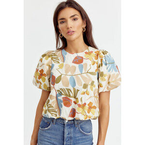 NWT Greylin Anthropologie Viola Embroidered Puff Sleeve Top L Tropical Floral